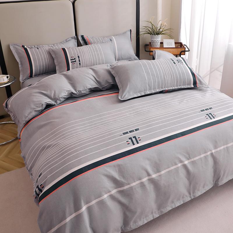 Постельный комплект из полосатого матового хлопка для осени/зимы – Утолщенный пододеяльник и простыня
