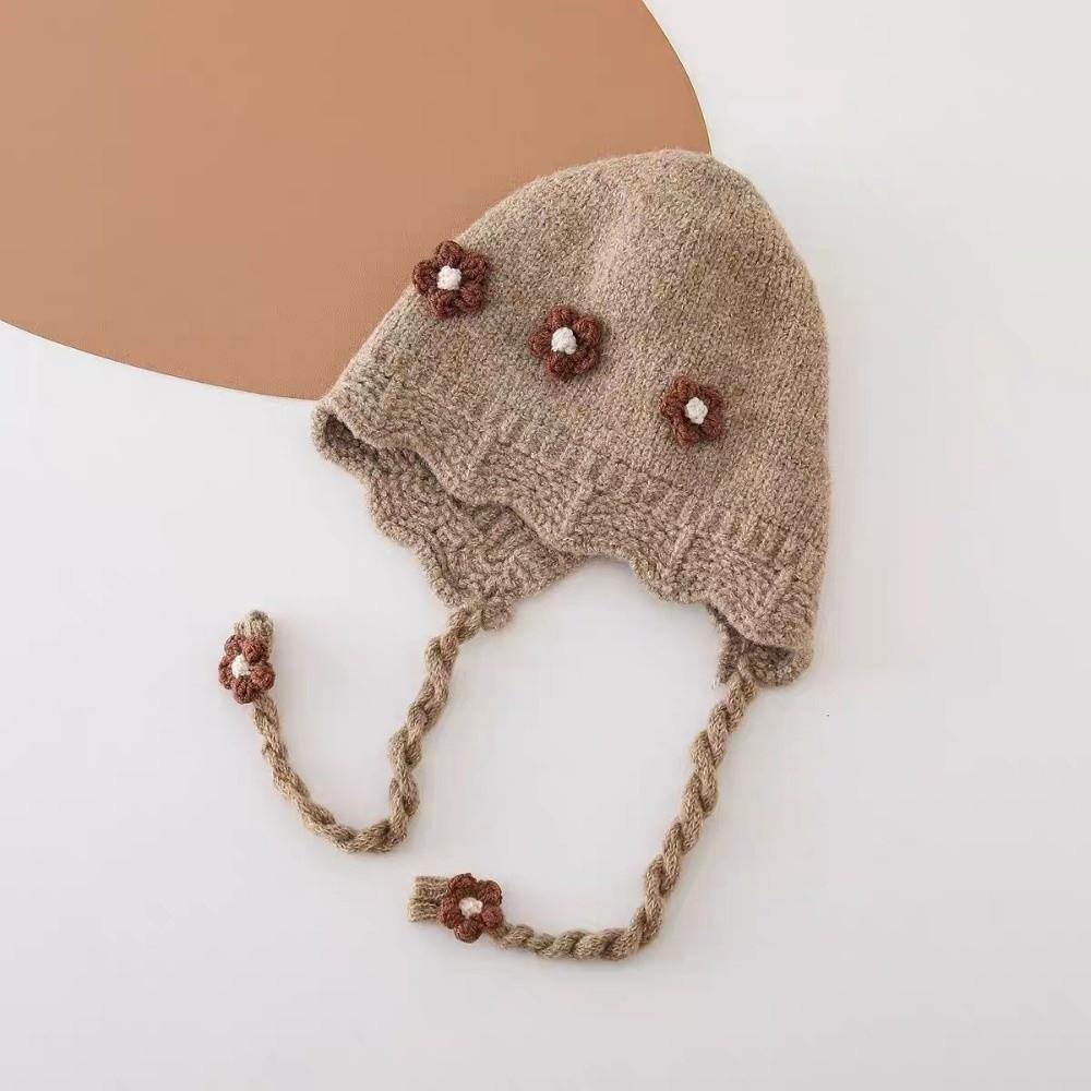 Thick Warm Lining Knit Beanie Knitted Design Infant Ear Protection Cap For Baby Girls