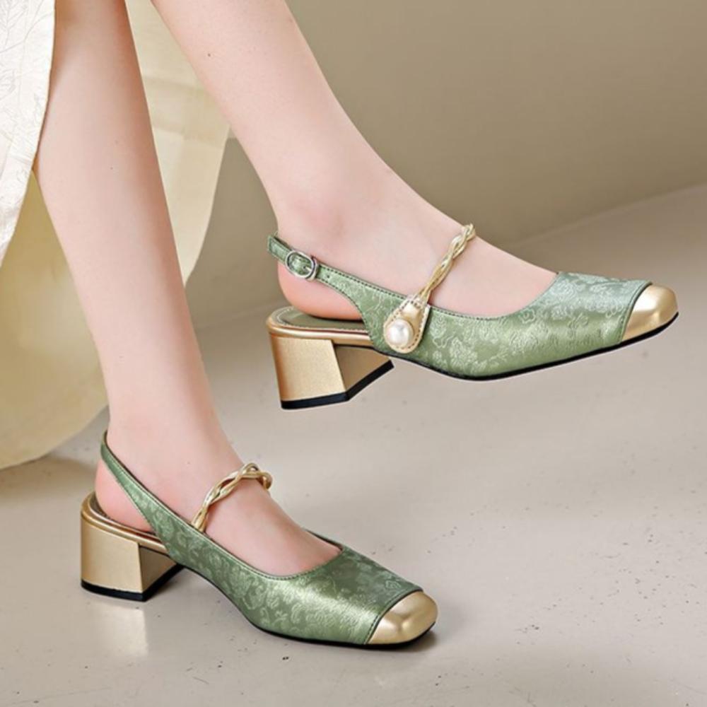 Новый китайский стиль, национальный стиль, сандалии баотоу, женские туфли Мэри Джейн на среднем каблуке, летний темперамент, толстый каблук, высокий каблук, одинарные туфли