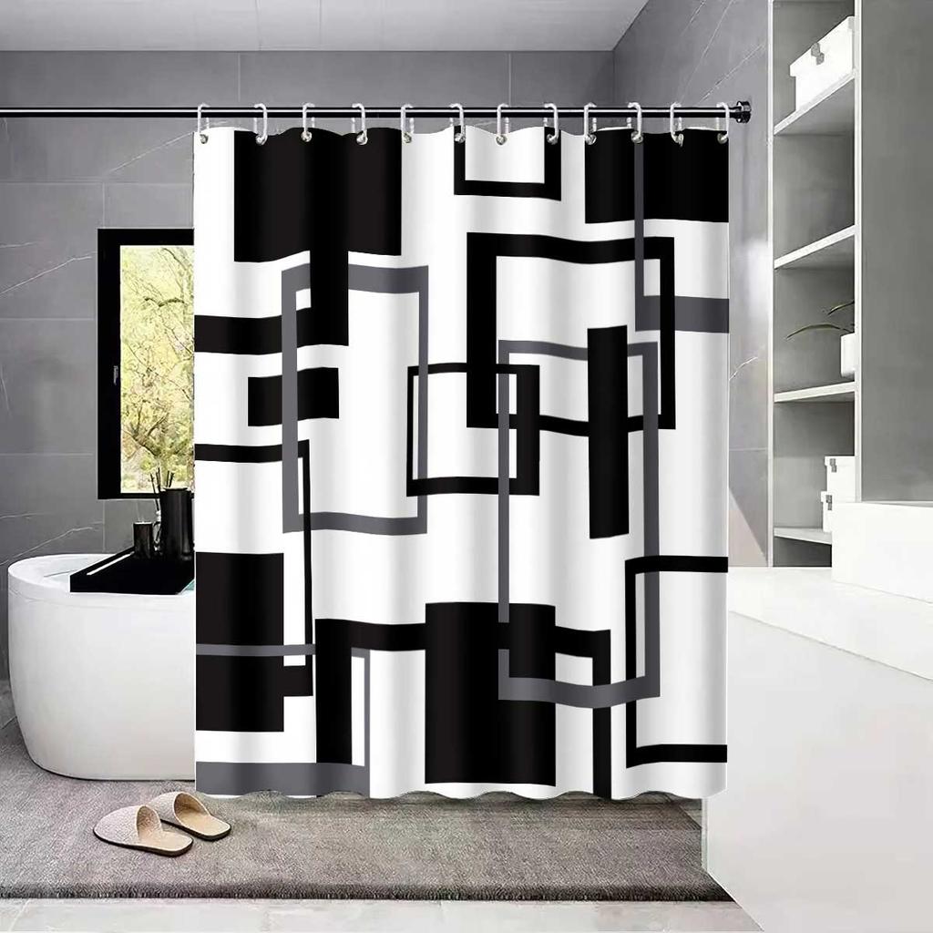 1pc Black and White Abstract Geometry Shower Curtain,with 12 Hooks,Machine Washable, for Shower Partition and Privacy Protecti