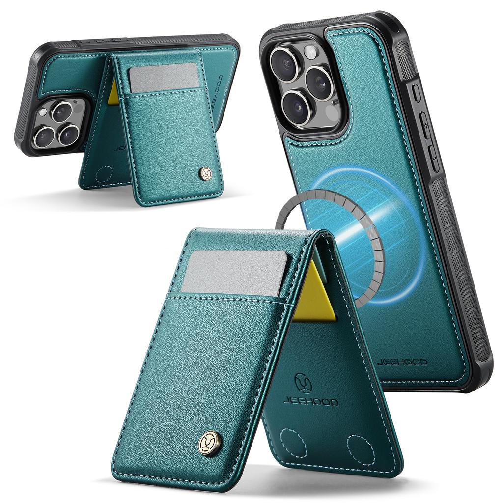 For iPhone 15 Pro Max Leather Back Cover Compatible with MagSafe JEEHOOD J06 Phone Case with Card Bag RFID Blocking
