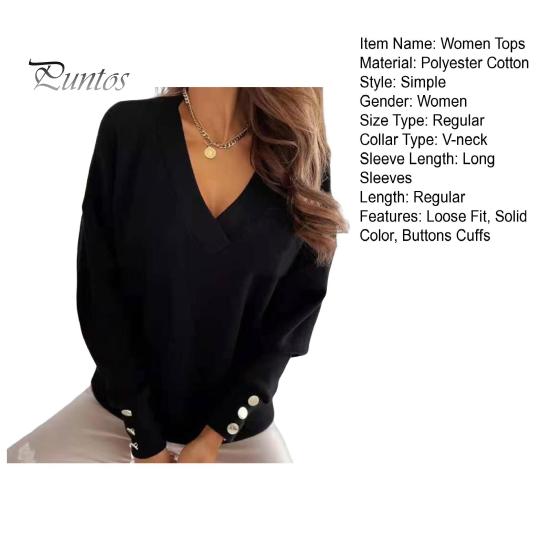 Women Tops V-Neck Long Sleeve Metal Button Cuffs Knitting Tops Solid Color Commuting Style Loose Fit Knitwear