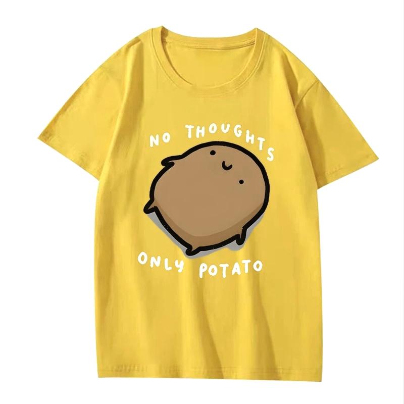 Cute Potato Pattern No Thoughts Only Potato Cartoon Printed Tshirt For Unisex Round Neck Top Short Sleeved Summer Casual Tshirt