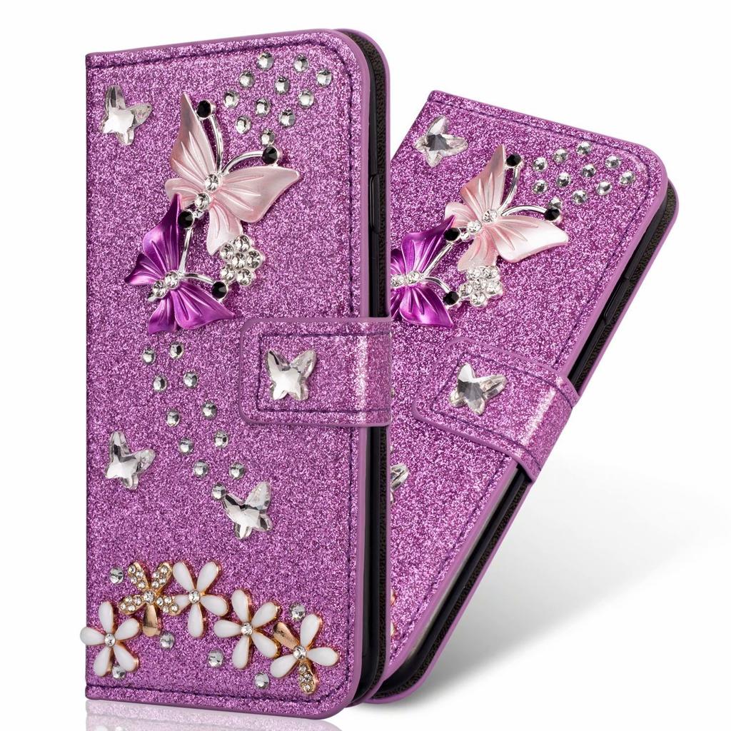 Applicable to iPhone17ProMax colorful butterfly diamond mobile phone case Apple 16 leather case glitter butterfly point diamond protective case