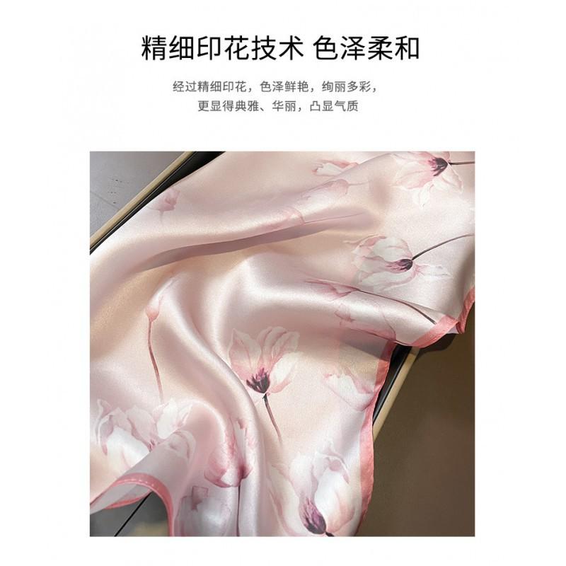 Korean Style Pink Temperament Fairy Flower Mulberry Silk 53 Scarf Women Small Square Towel Neck Protection Tie Bag