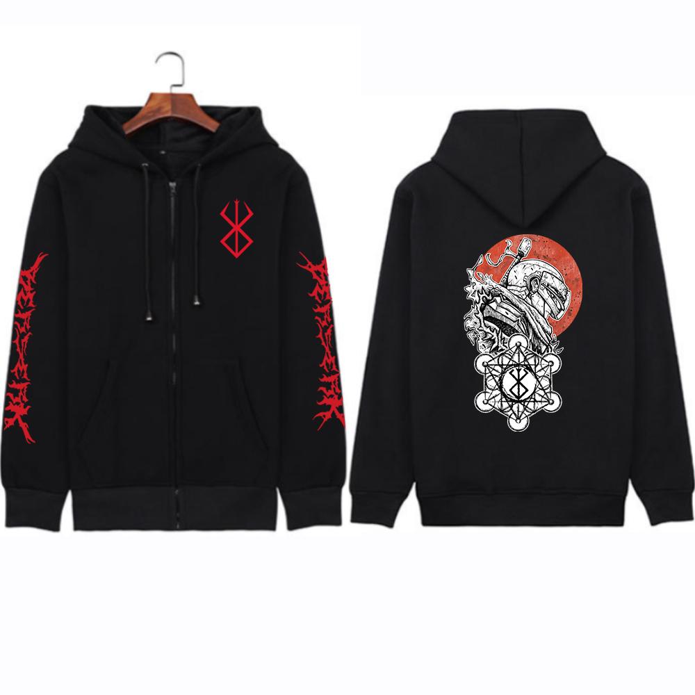 Горячая аниме Berserk Guts Print Hooded Men Women Vintage Manga Zipper Hoodies Plus Size Sweatshirt Harajuku Streetwear Zip Jacket