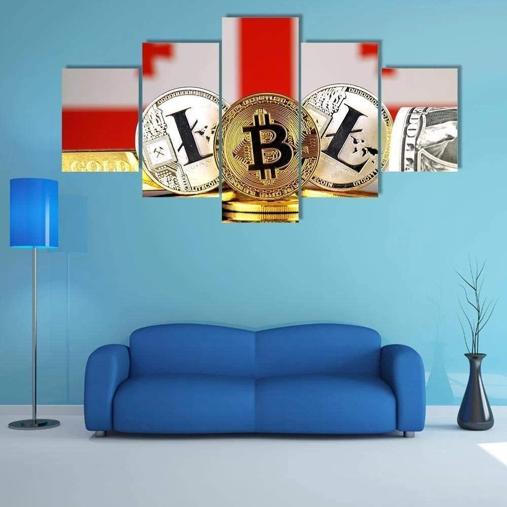 Bitcoin with Binary Code 5 Pieces HD Decorative Wall Art Canvas Poster Paintings for Living Room Home Decor Picture Decorations