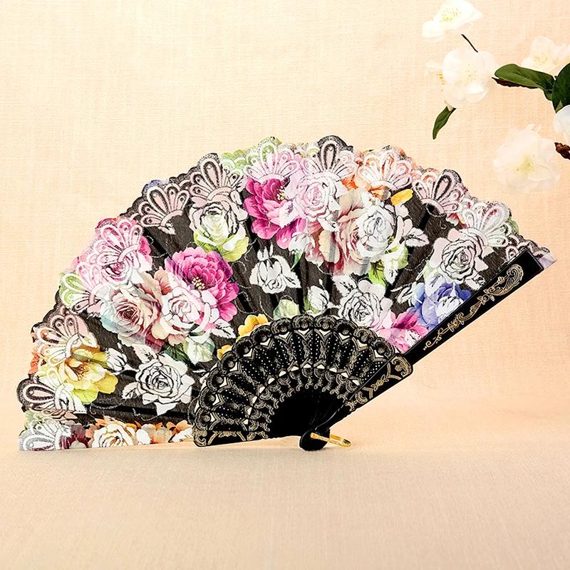 Складной веер с бронзовым принтом роз, испанский пластиковый веер из кости, китайский танцевальный веер для свадебной вечеринки, косплея, домашнего декора, ремесла