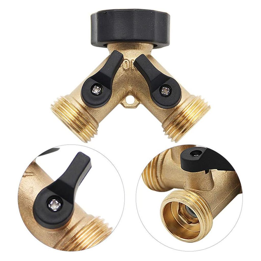 2-way Y-type Hose Splitter Garden Hose Distributor Brass Hose Tap Adapter with 2 Valves ADM