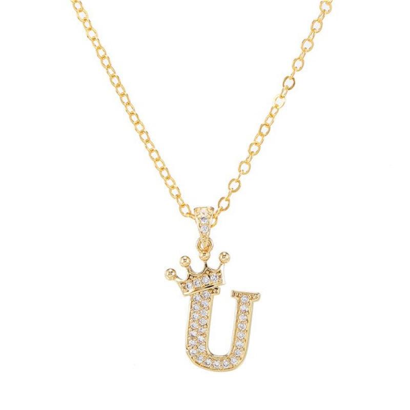 Unisex Fashion Crown A-Z Alphabet Pendant Vintage Chain Necklaces Hip-Hop Style Crystal Zircon Punk MIT
