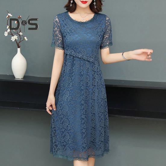 Women Dress Hollow Out Lace Round Neck Solid Color Flower Embroidery A Line Loose Hem Double Layers Knee Length Short Sleeve Lady Midi Dress