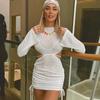 Women Club Party Long Sleeve White Elegant Drawstring Ruched Cut Out Summer Bandage Mini Dress