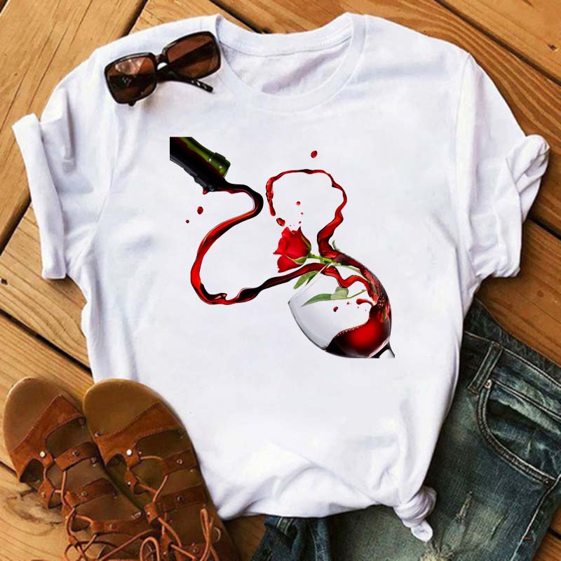 Новая женская футболка повседневная с коротким рукавом женская модная футболка с принтом розы и бокала вина черная футболка женские топы футболки