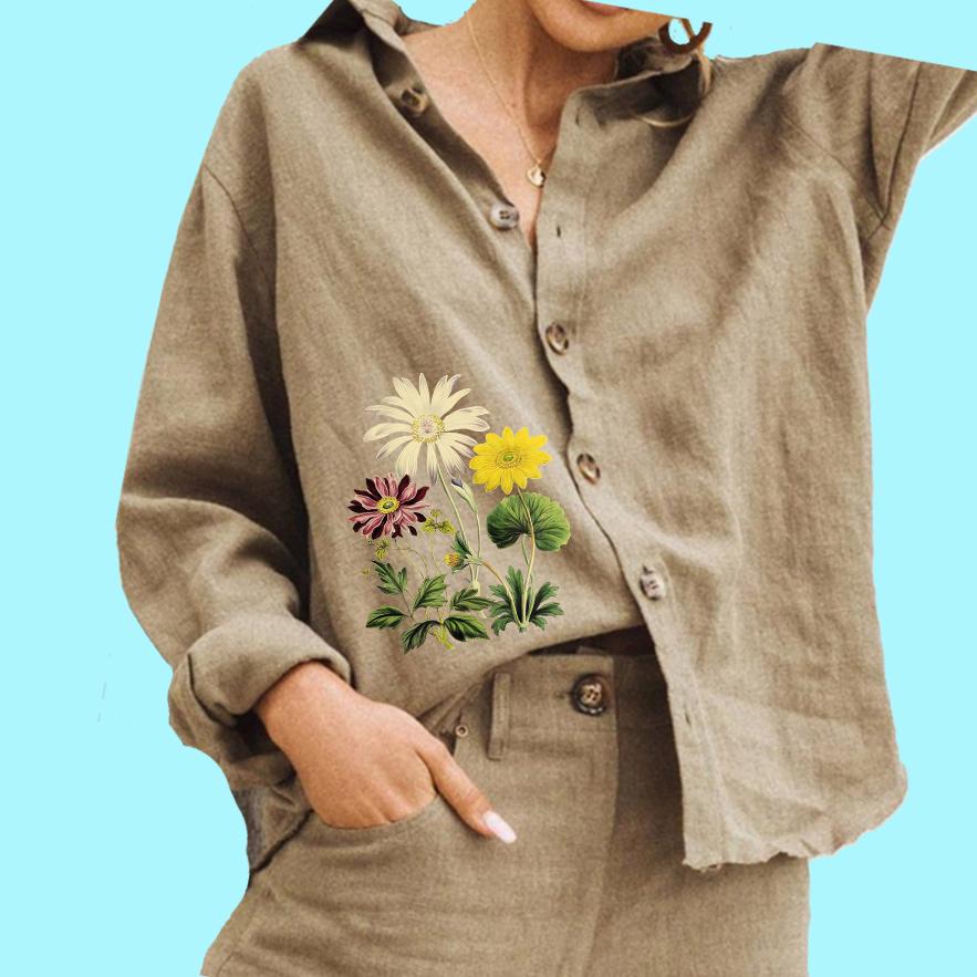 Женская модная блузка с цветочным принтом, женская хлопковая льняная рубашка с длинным рукавом и застежкой на пуговицы