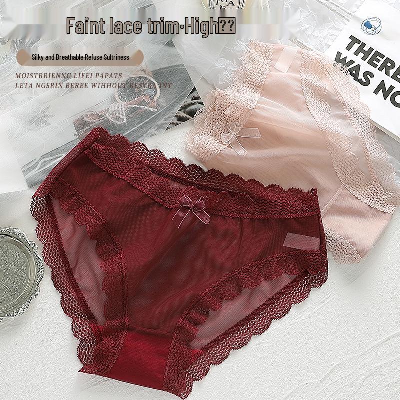Женские бесшовные сексуальные сетчатые трусики с кружевной отделкой и бантиком