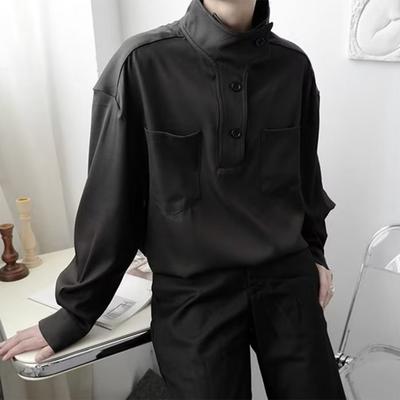 Женская рубашка с полувысоким воротником, пуговицами, полузастежкой, длинным рукавом, с карманами, однотонная