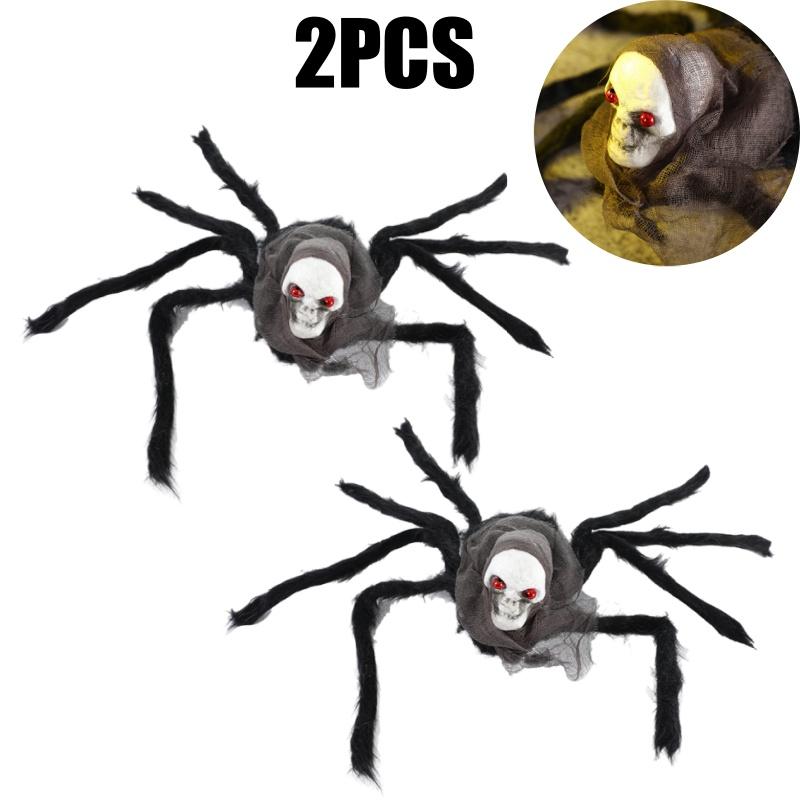 Theme Fluffy Spider Skull Veil Realistic Fake Spiders Halloween Decor Scary Haunted House Prop Cobweb Creepy Party Decoration