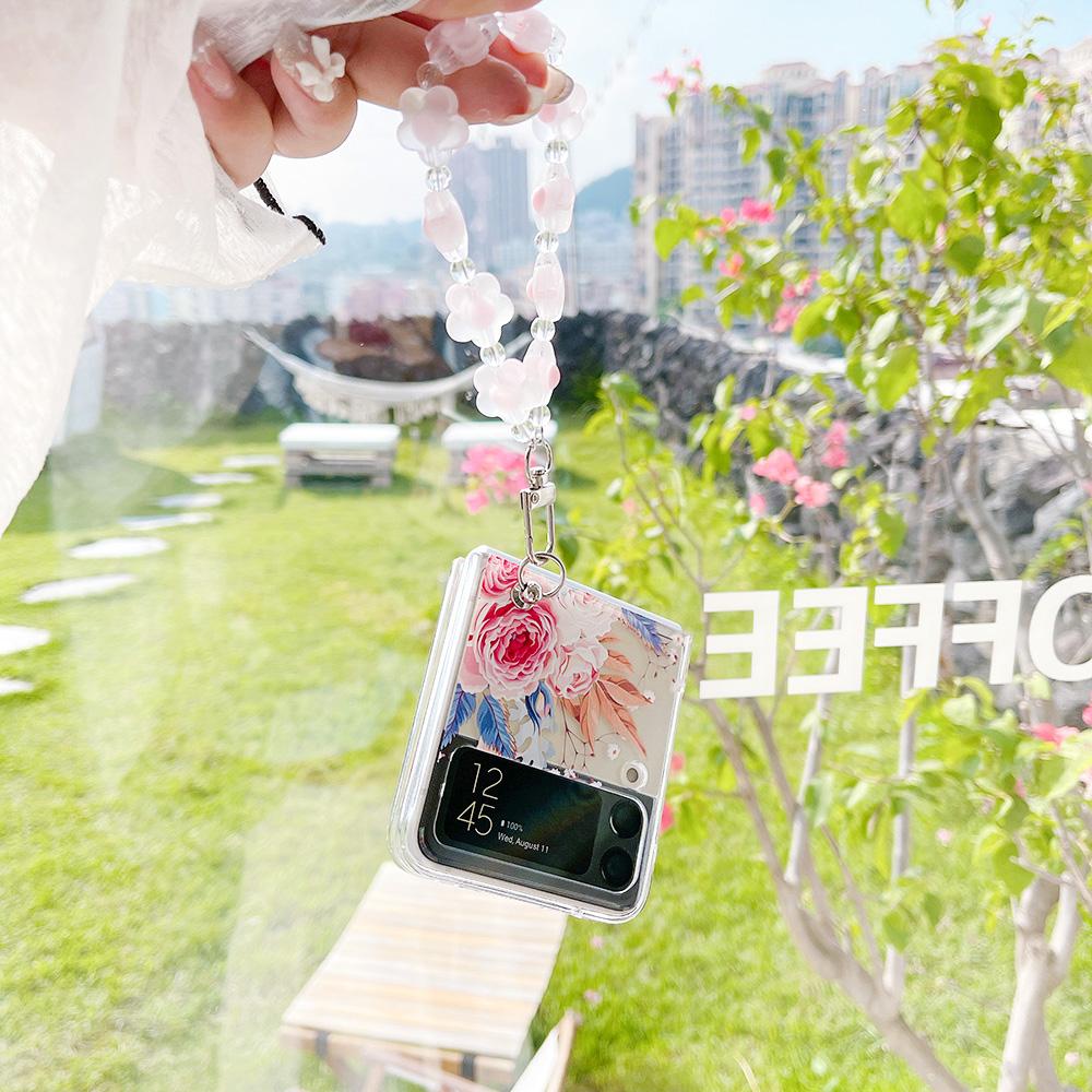 Чехол для Samsung Galaxy Z Flip 4 3, красивый чехол с цветами ромашки, расписанный браслетом, прозрачный противоударный складной жесткий чехол