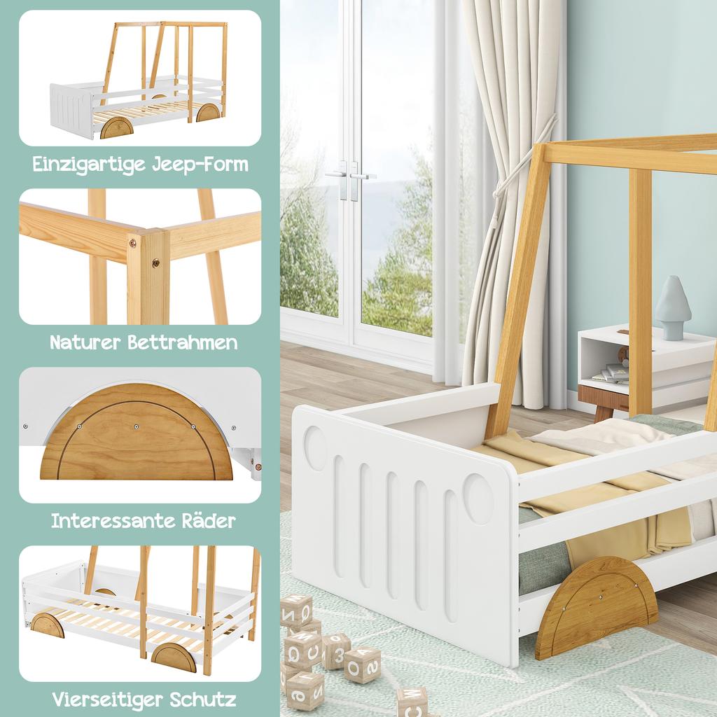 Car Bed, Children's Bed with MDF Wheels, Frame made of Pine, White + Natural (90x200cm)