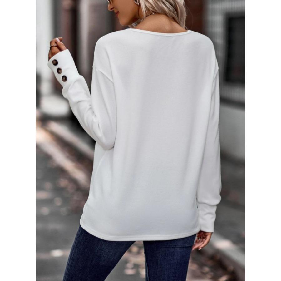 Women's Autumn Winter Solid Color V-neck Loose Long Sleeved T-shirt Button Top Blouses & Shirts