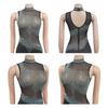 Lady Evening Dress Rhinestone Decor Mesh Patchwork Sleeveless Skinny Round Neck Wedding