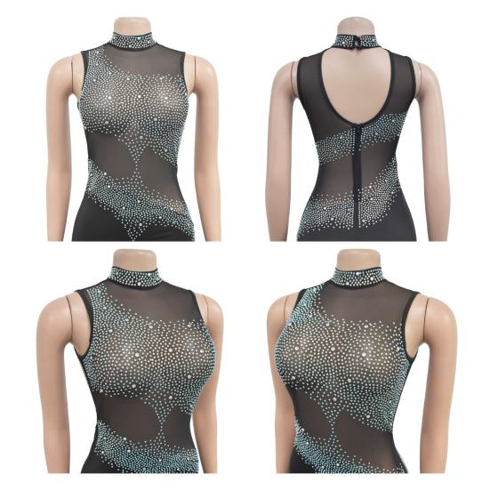 Lady Evening Dress Rhinestone Decor Mesh Patchwork Sleeveless Skinny Round Neck Wedding