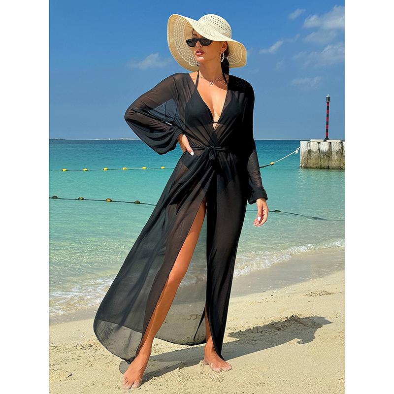 Women Bikini Cover-ups Solid Color Mesh Sheer Beach Long Dress See Through Sexy Swimwear Cover Up Summer
