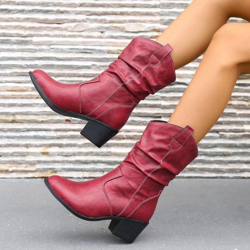 Резиновые сапоги на квадратном каблуке средней длины для женщин, горячая распродажа, зимняя однотонная женская обувь без застежек, сапоги с острым носком на среднем каблуке