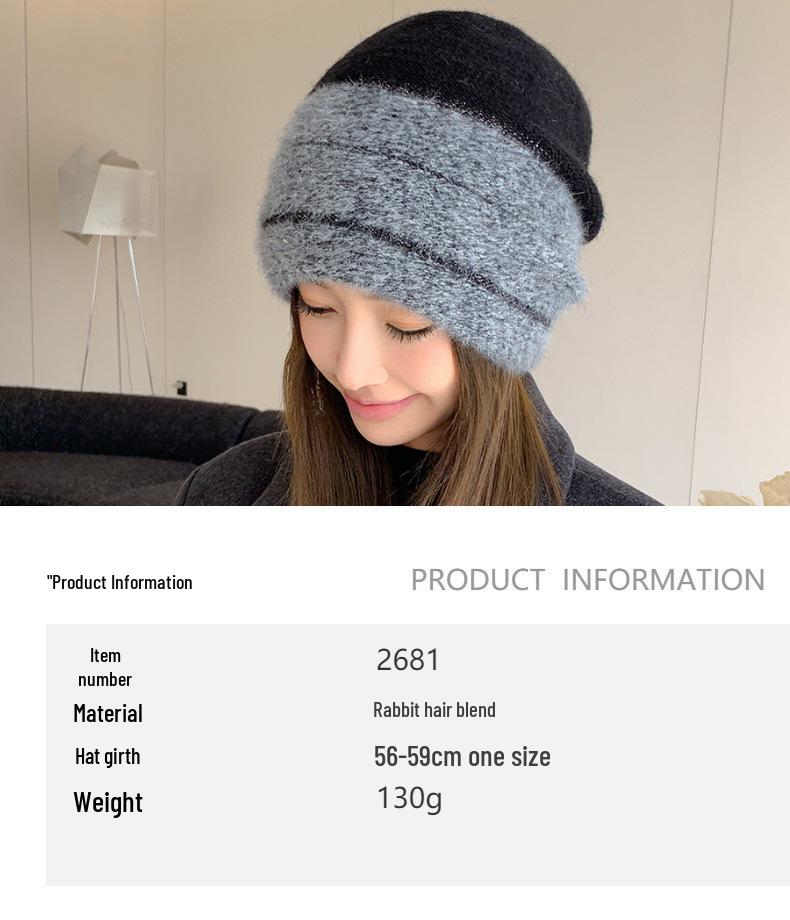 Korean Colorblock Rabbit Fur Fleece-Lined Beanie with Ear Protection – Elegant Women's Knit Hat for Cold Weather