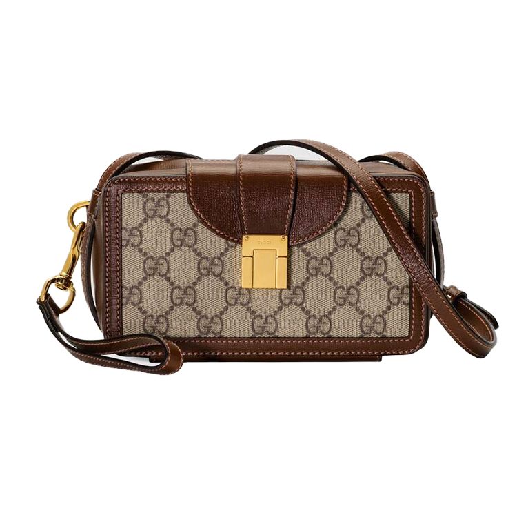 Gucci Vintage Gold Buckle Logo Canvas And Leather Small Box Bag Unisex Shoulder Bag Ebony Brown 614368-92TCG-8563
