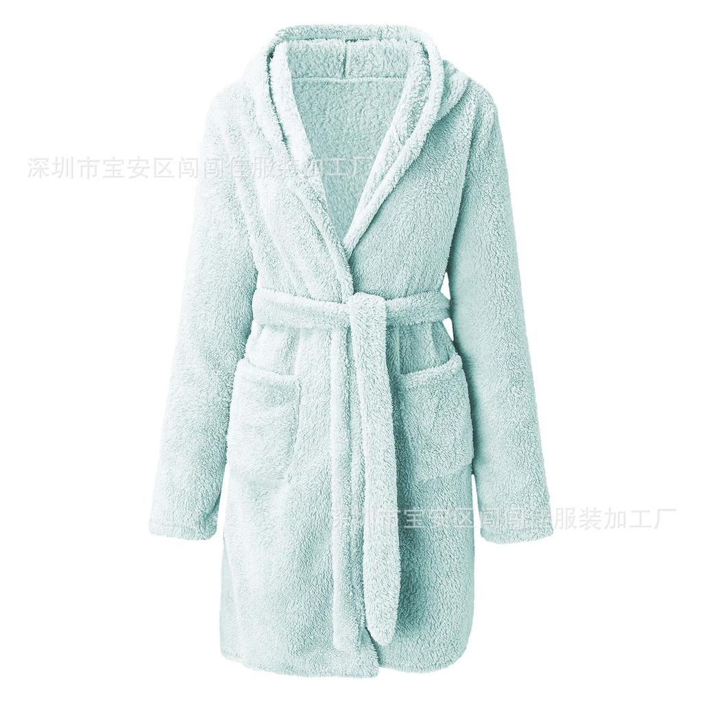 Winter Hooded Home Plush Pajamas Solid Color Warm Bathrobe Women