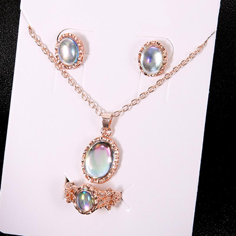 3Pcs Opal Jewelry Set For Women Gemstone Pendant Necklace Ring Earrings Elegant Crystal Accessories For Party Daily Wear Gift
