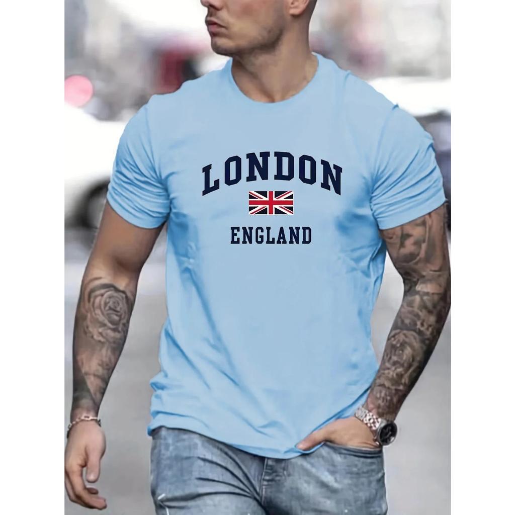 Summer Men's 100% Pure Cotton Casual Loose Fit Plus Size London England Pattern Printed Round Neck Short Sleeved T-shirts