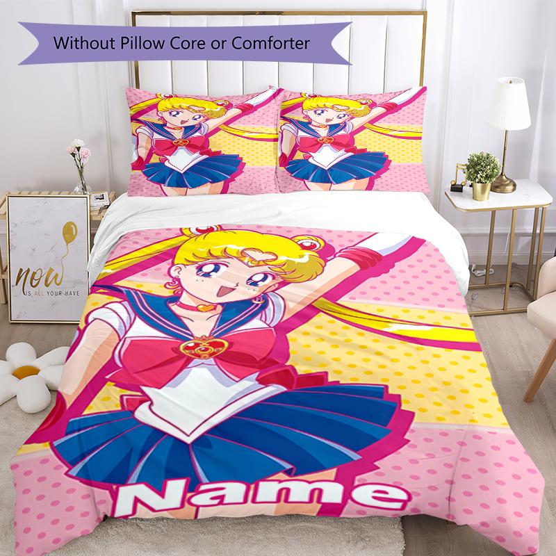 3pcs Custom Name Sailor Moon Bedding Set Duvet Cover Closure Includes 1 Duvet Cover & 2 Pillowcases, Soft and Comfortable for All Seasons.