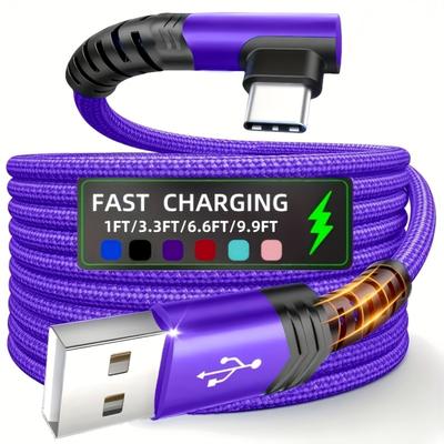 1M Зарядное устройство Type-C Быстрая зарядка, Прямой угол USB на USB-C Кабель для передачи данных Плетеный USB-C Кабель для зарядки