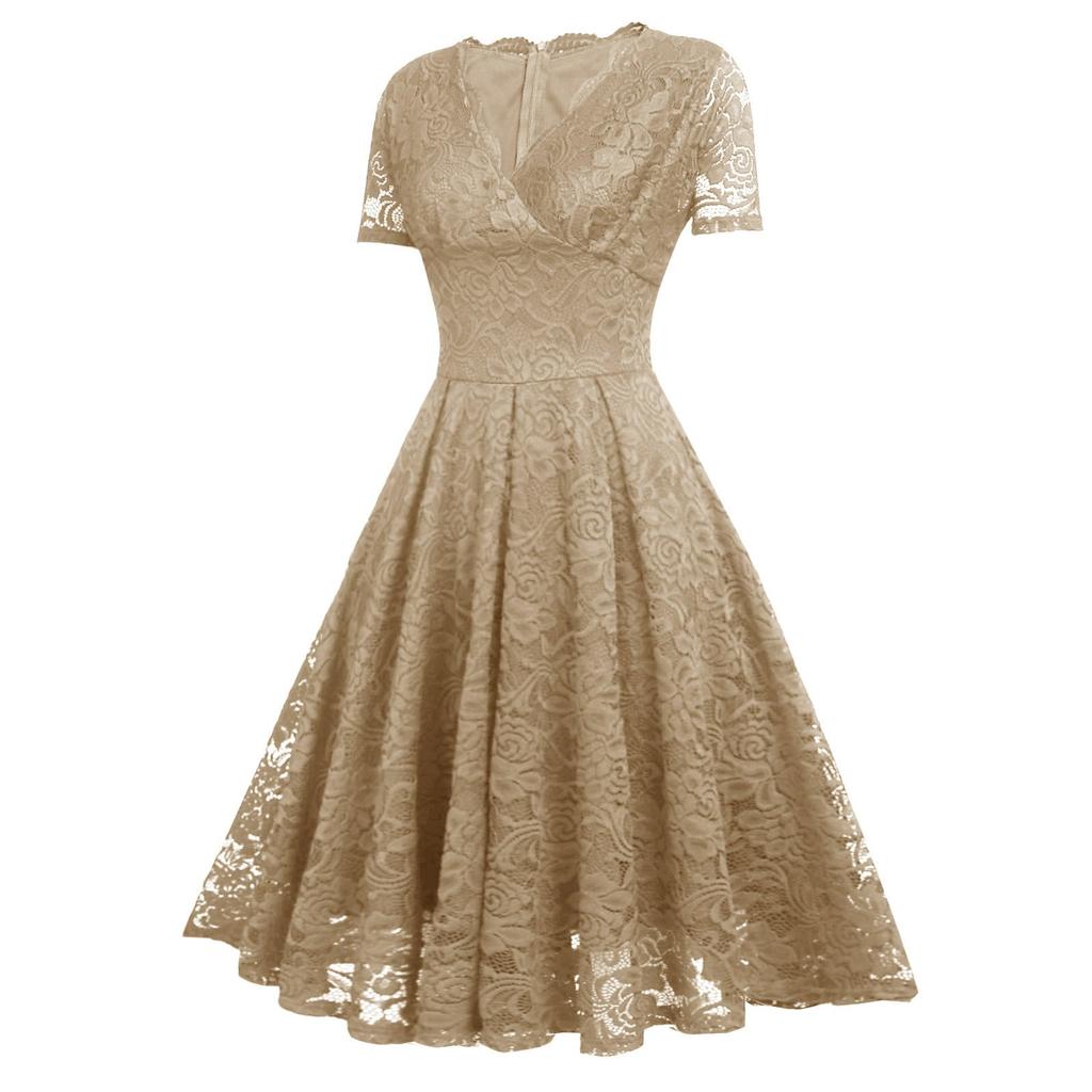 Ladies Solid Color V-neck Mid-length Lace Swing Dress