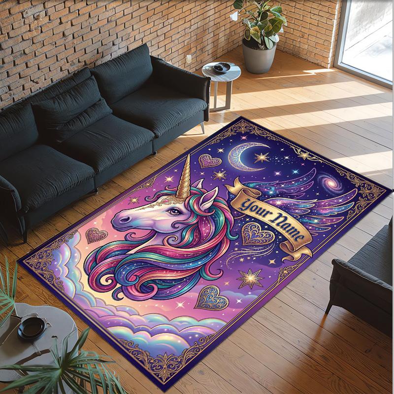 Unicorn Theme Crystal Velvet Floor Rug Personalized Custom Name Text Warm Carpet Home Decoration