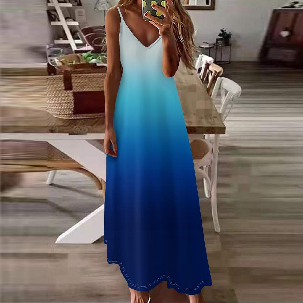 Женское летнее повседневное модное длинное платье без рукавов с v-образным вырезом и градиентным принтом, повседневные платья
