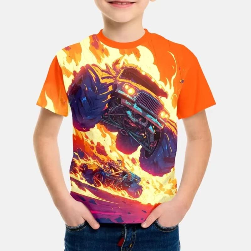 Monster Jam Grave Digger Kids T-Shirt Full Print Monster Truck Graphic Short Sleeve Tee Breathable Casual Top for Boys DailyWear