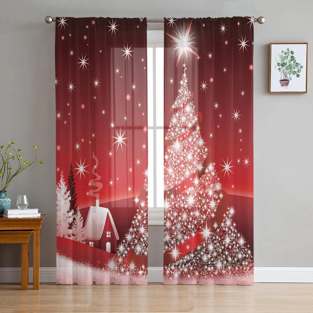 Christmas Room Christmas Tree Fireplace Tulle Sheer Window Curtains for Living Room Bedroom Modern Voile Organza Curtains Drapes