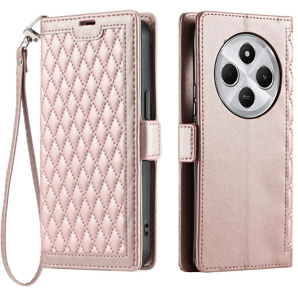 Leather Case For Xiaomi Redmi 14C 5G/14C 4G/14R 5G/Poco C75 4G Rhombus Texture Wallet Stand Phone Cover with Wrist Strap