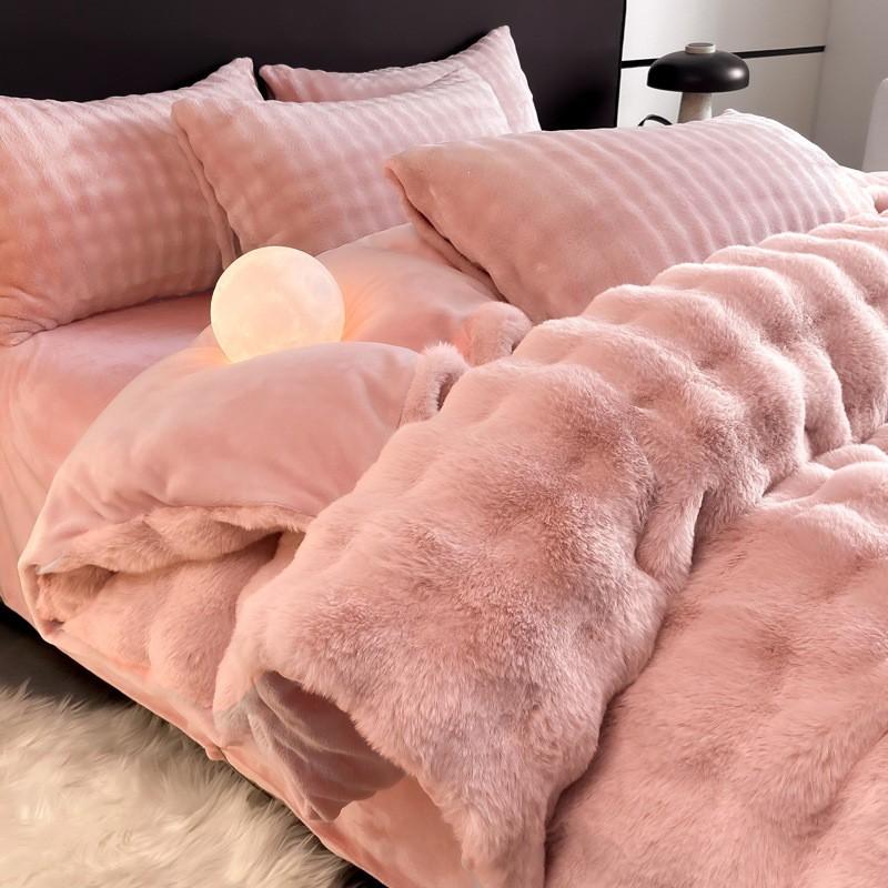 Winter Fall Thick Double-Sided A-Class High-Density Bubble Rabbit Flannel 4-Piece Bedding Set Warm Sheet Bedspread