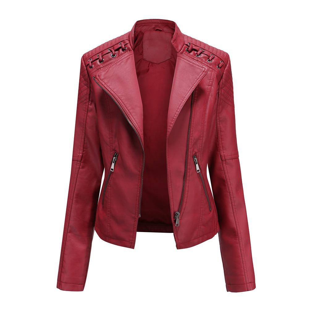 VAYLA Women Fashion Lace-up Leather Jacket Slim Fit Spring Autumn Motorcycle Jacket Zipper Jacket