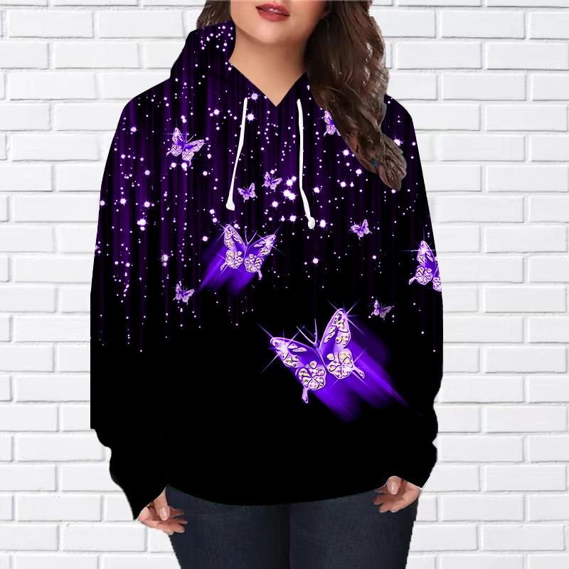 Womens Fashion Purple Crystal Starry Sky Butterfly Print Loose Hoodie Tops Blouse Sweatshirt Casual Long Sleeve Pullover Tops