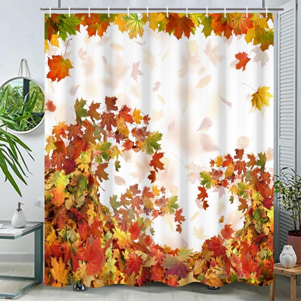 Fall Maple Leaves Shower Curtain Autumn Plants Nature Scenery Bath Curtain Thanksgiving Harvest Bathroom Decor Fabric Farmhouse