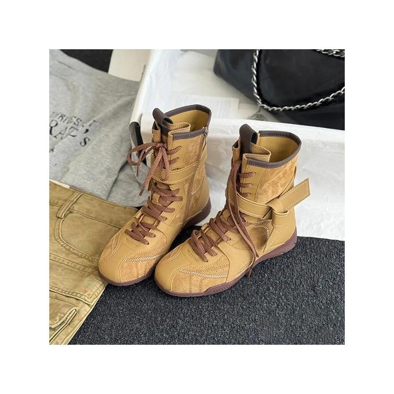 Vintage Versatile Frosted Leather Boxing Boots Women's Straps Side Zipper Outer Wear Mountaineering Dexun Martin Boots
