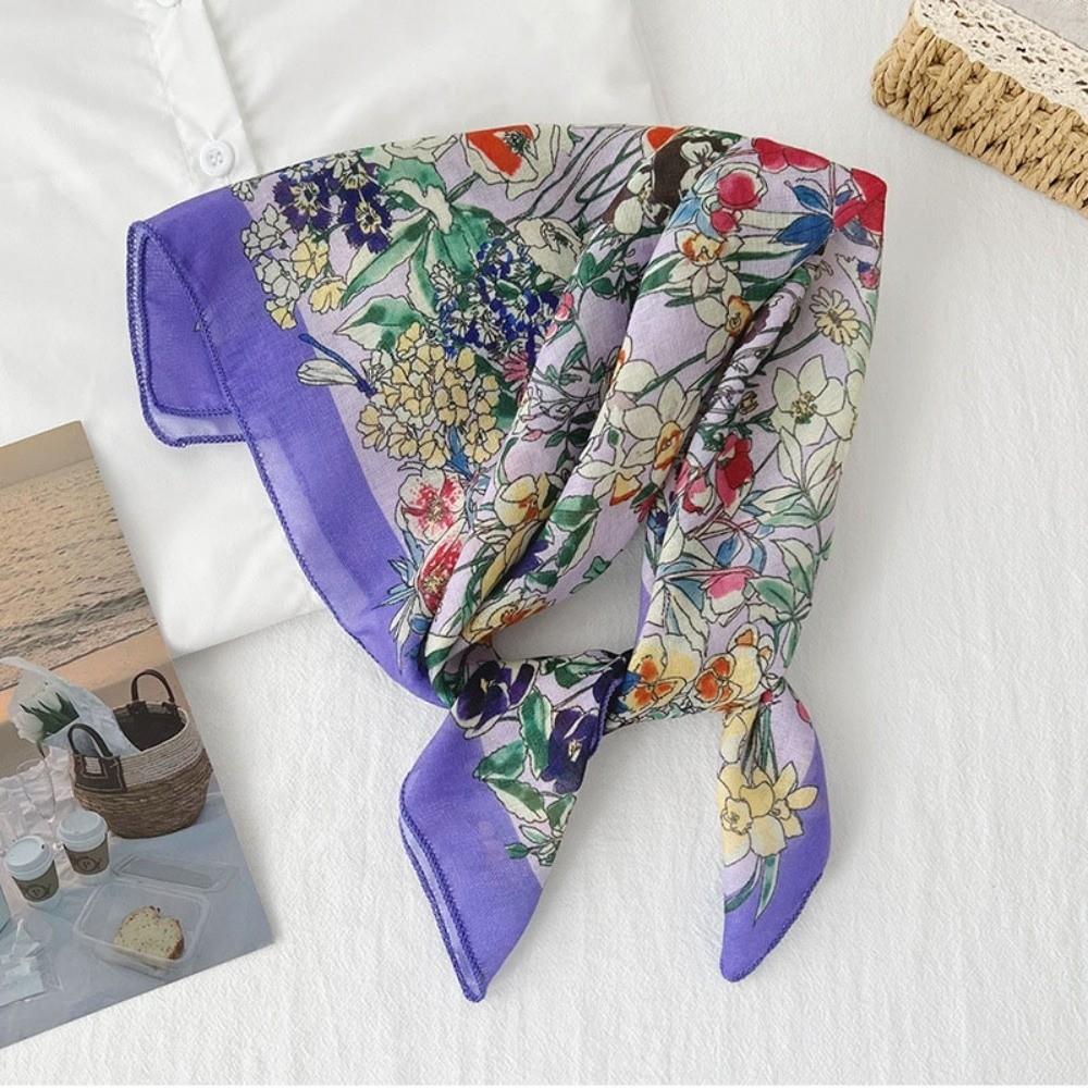 Flower Cotton Linen Square Scarf Square Floral Kerchief Simple Scarf Hair Band Spring Summer