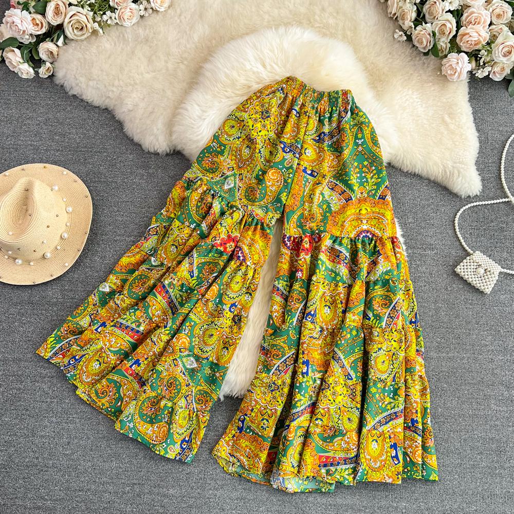 Summer Bohemian Vacation Beach Pants Elegant High Elastic Waist Wide Leg Printed Trouser Casual Flare Fladas New Fashion