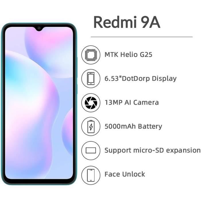 Xiaomi Redmi 9A Smartphone 2GB RAM 32GB ROM Téléphone Portable,Écran 6.53 HD MTK Helio G25 Processeur À Huit cœurs,Dual SIMMicr