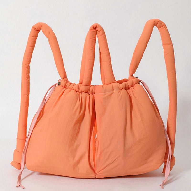 Women Puffer Backpack Solid Color Shoulder Bag with Adjustable Strap Simple Crossbody Bag Large Capacity Handbag  White